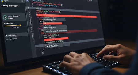 Programmer working on computer at night. Programmer coding code on computerの写真素材