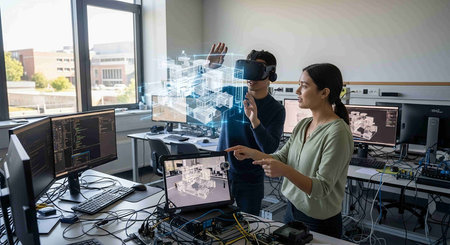 Two young software developers working in a software development studio using 3D hologram screens to...