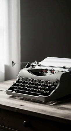 Retro typewriter on a wooden table. Black and white photos.の写真素材