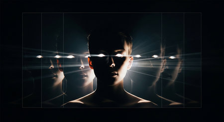 Young man looking at virtual screen with light effects. 3d renderingの写真素材