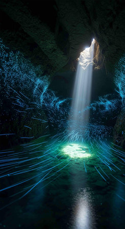 underwater cave with light rays coming out of the hole, 3d render