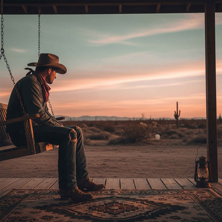 A man in a cowboy hat sits on a swing in the desert at sunset.の写真素材