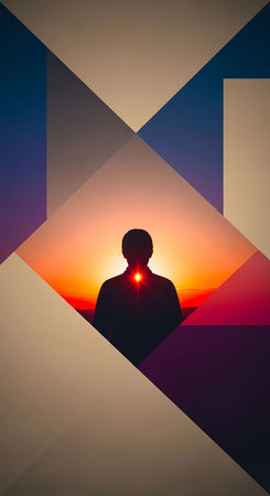 Silhouette of a man in front of a colorful geometric backgroundの写真素材