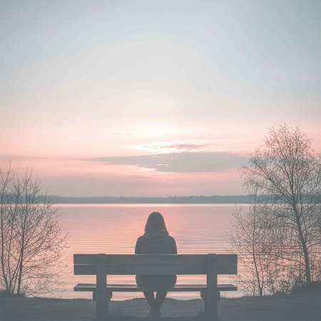 Woman sitting on a bench by the lake and looking at the sunset