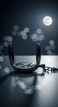 Pocket watch on dark background with moon and stars. Time concept.の写真素材