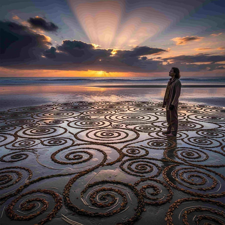 3D render of a woman walking on a beach in the eveningの写真素材