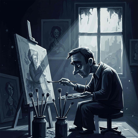 Artist painting a picture in his studio. Illustration in vector formatの写真素材