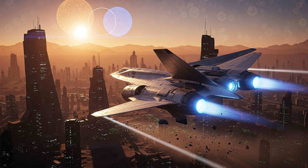 Futuristic spaceship flying over the city. 3D rendering.
