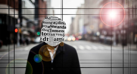 Businessman in the city with his head painted with business related words.の写真素材