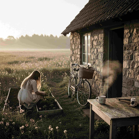 Young woman with a bicycle in the countryside. Toned image.の写真素材