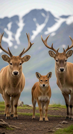 Portrait of a deer family in the background of the mountains.