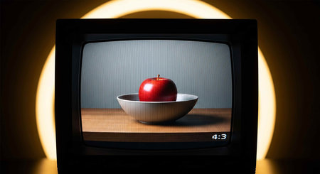 Retro TV with red apple on the wooden table in dark room