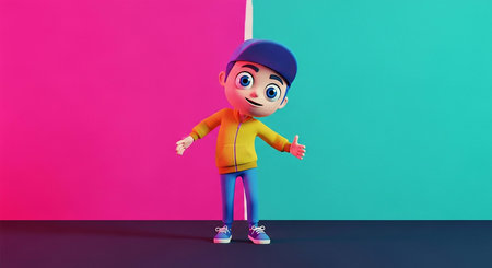cartoon character standing in front of a colored background