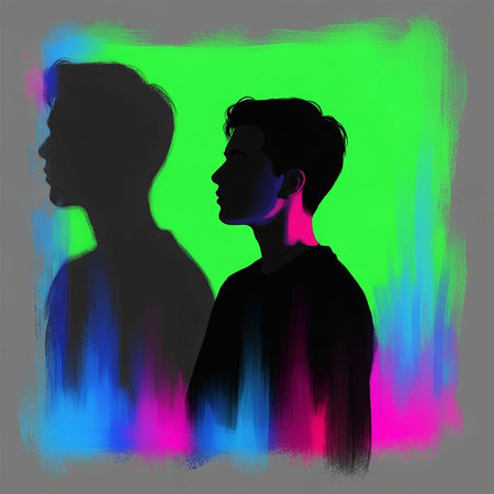 Silhouette of a man and a woman in front of a colored background