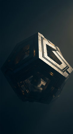 3d rendering of an illuminated cube on a dark background with reflectionの写真素材