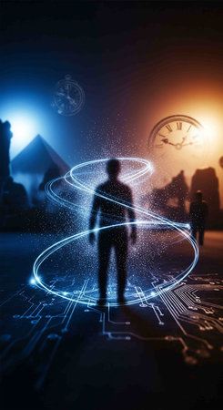 Futuristic business hologram on dark background. Future concept. 3D Renderingの写真素材