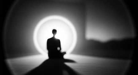 Silhouette of a man meditating in front of a lighted tunnelの写真素材