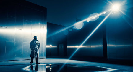 Man in raincoat and hat standing in front of bright stage lights