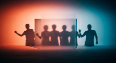 Silhouettes of business people in front of a glass cube.