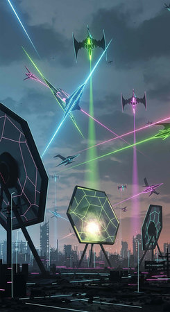 Futuristic city with neon lights. Futuristic city concept.