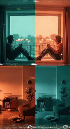 Collage of photos of a young man sitting on the windowsill, looking out the windowの写真素材