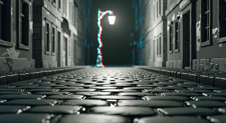 3d rendering of a cobblestone road in the city at nightの写真素材
