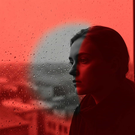 Portrait of a young woman looking out the window at the city