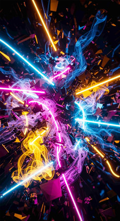 3d rendering of abstract particles in space. Futuristic background with neon lights.の写真素材