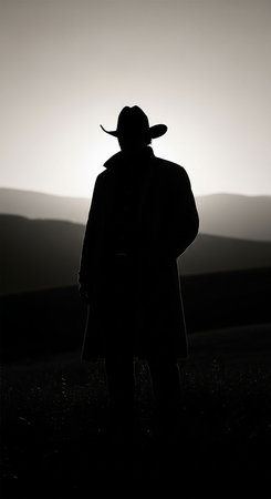 Silhouette of a man wearing a cowboy hat and a coatの写真素材