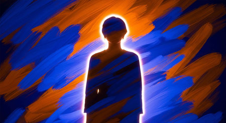 silhouette of a man in front of a blue and orange backgroundの写真素材
