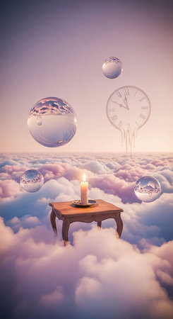 Vintage style image of a candle on the table in the sky with cloudsの写真素材