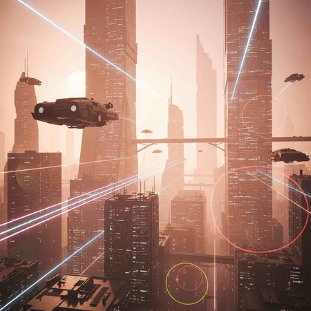 Digitally generated image of futuristic cityscape with UFO flying over itの写真素材