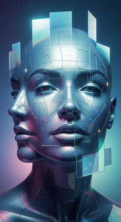 3D rendering of a female cyborg face in a cyberspaceの写真素材