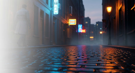 Cobblestone street in the center of the city at nightの写真素材