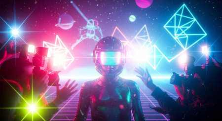 Group of people with virtual reality headset having fun. 3D rendering