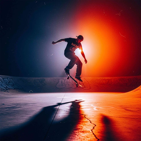 Skateboarder in action at sunset. Skateboarding concept.の写真素材