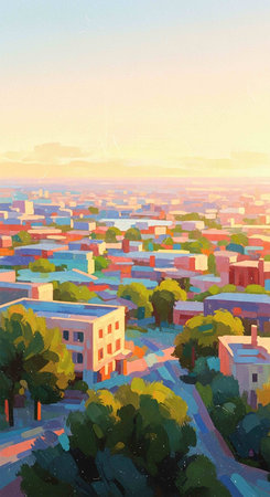 Digital painting of a city at sunset. Illustration of the city.の写真素材