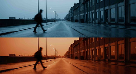 A collage of four images of a city street in the eveningの写真素材