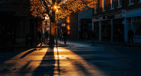 Sunset in the streets of the old city of Amsterdam, Netherlandsの写真素材