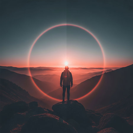 Man standing on the top of the mountain and looking at the sunriseの写真素材