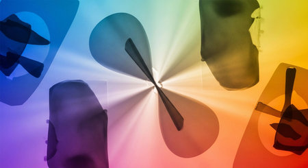 Colorful music notes with light rays and copy space. Abstract background.の写真素材