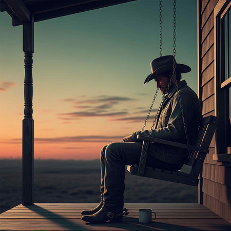 Man in hat sitting on a swing on a terrace at sunsetの写真素材