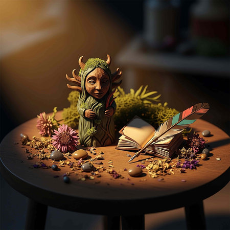 Angel with a book and flowers on a wooden table. 3d renderの写真素材