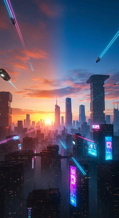 Futuristic city at sunset with neon lights. 3D renderingの写真素材