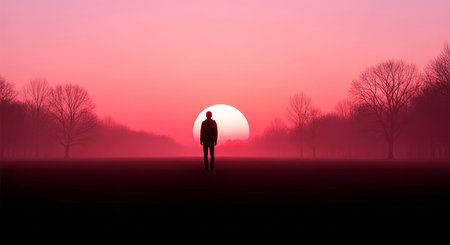 Silhouette of a man standing in the middle of a foggy field at sunsetの写真素材