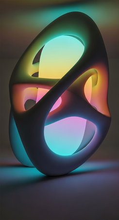 3d illustration of abstract geometric shape in blue and pink neon lightの写真素材