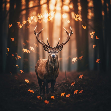 Deer with big antlers and flying birds in autumn forest.の写真素材