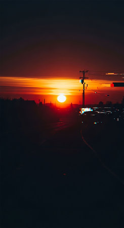 Beautiful sunset over the city. Silhouette of a road at sunset.