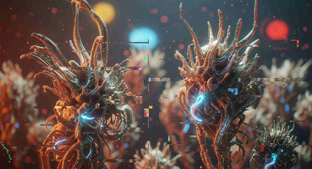 Digital illustration of neuron in color backgroundの写真素材