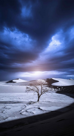 Winter landscape with lonely tree on sand dune and dramatic dark skyの写真素材
